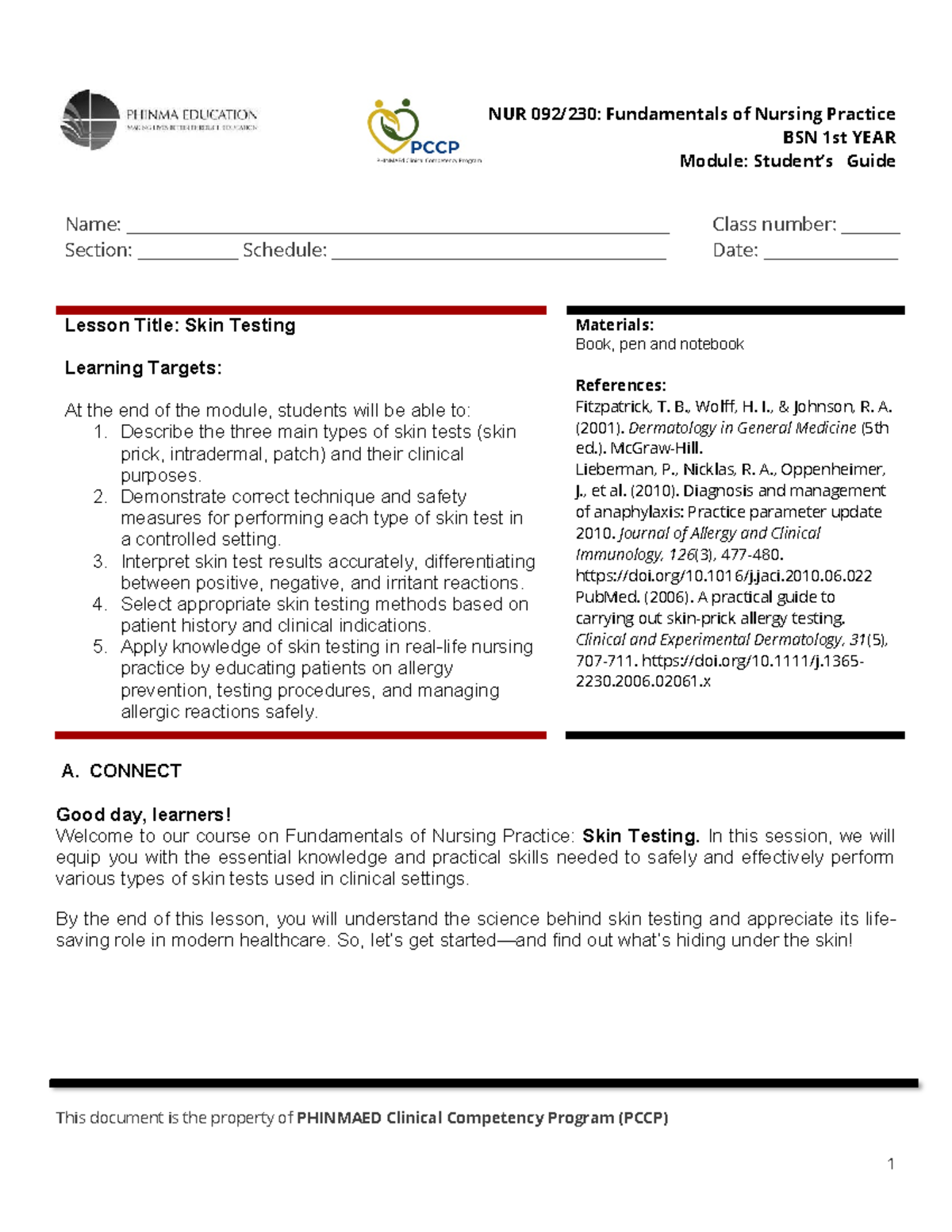 NUR Fundamentals of Nursing Practice BSN 1st YEAR: Skin Testing Guide ...