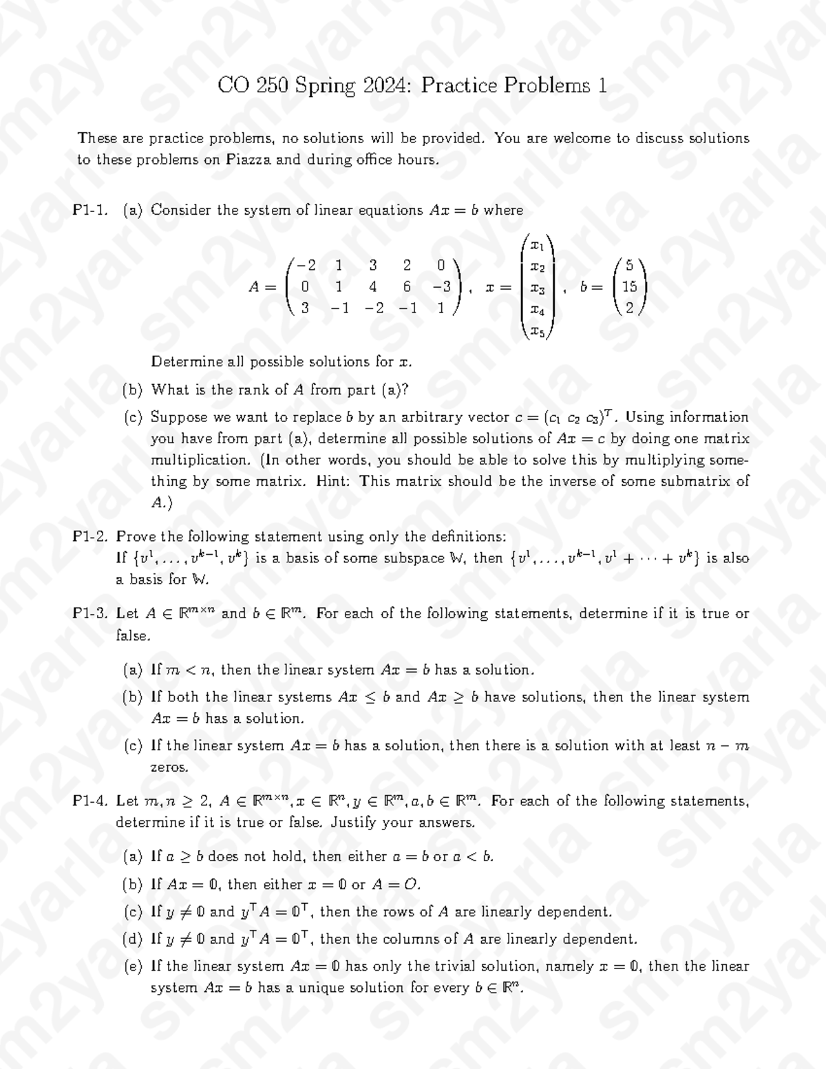 CO 250 Spring 2024: Linear Algebra Practice Problems 1 - Studocu