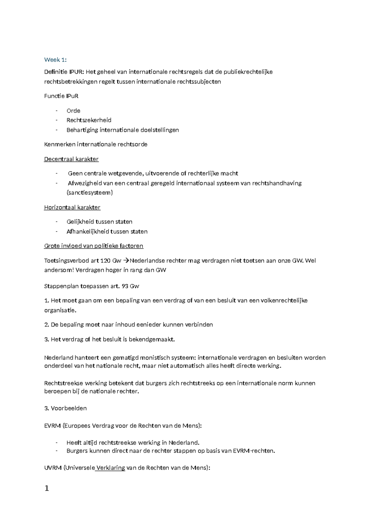 Leerdoelen IPUR: Week 1-5 Overzicht van Internationale Rechtsorde ...