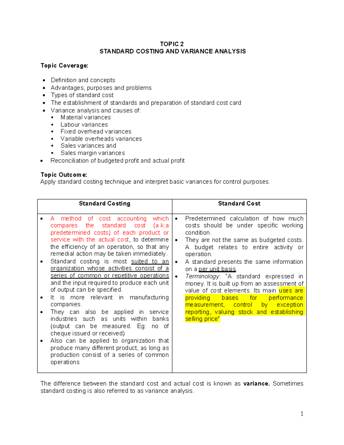 CT MAF251 Topic 2: Standard Costing & Variance Analysis Overview - Studocu