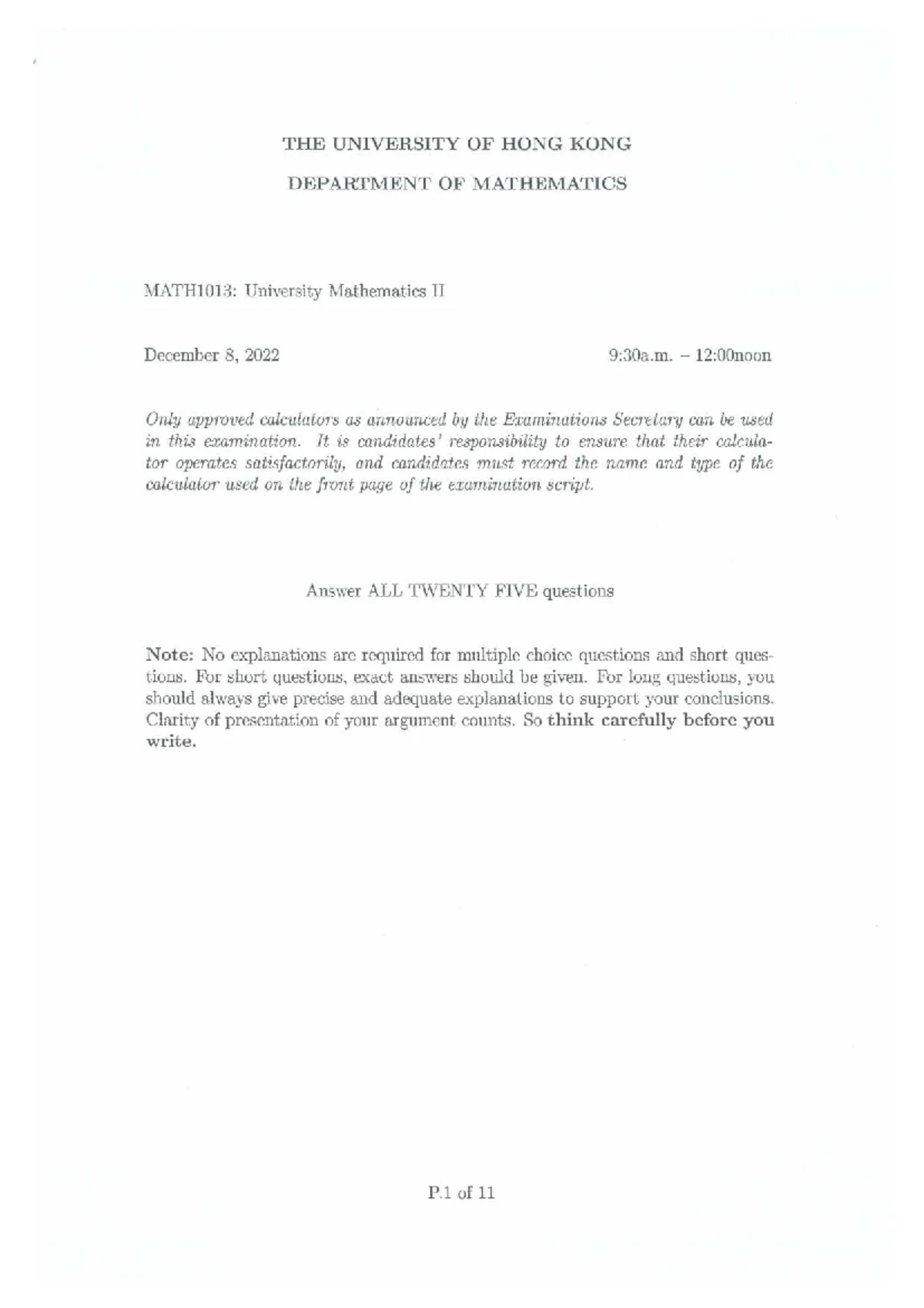 Math1013: University Mathematics II Final Exam Paper - May 2023 - Studocu