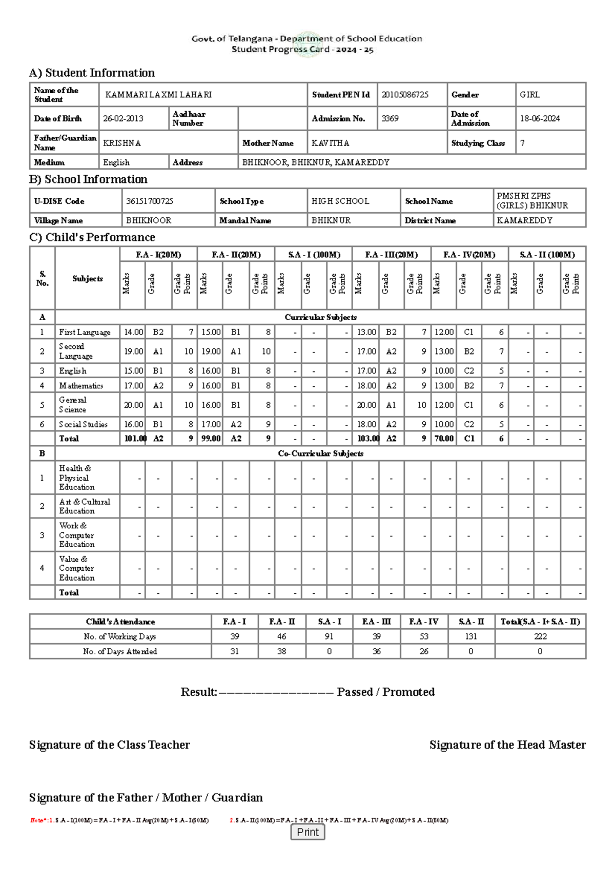 Student Performance Report for Class 7 - PMSHRI ZPHS (GIRLS) - Studocu