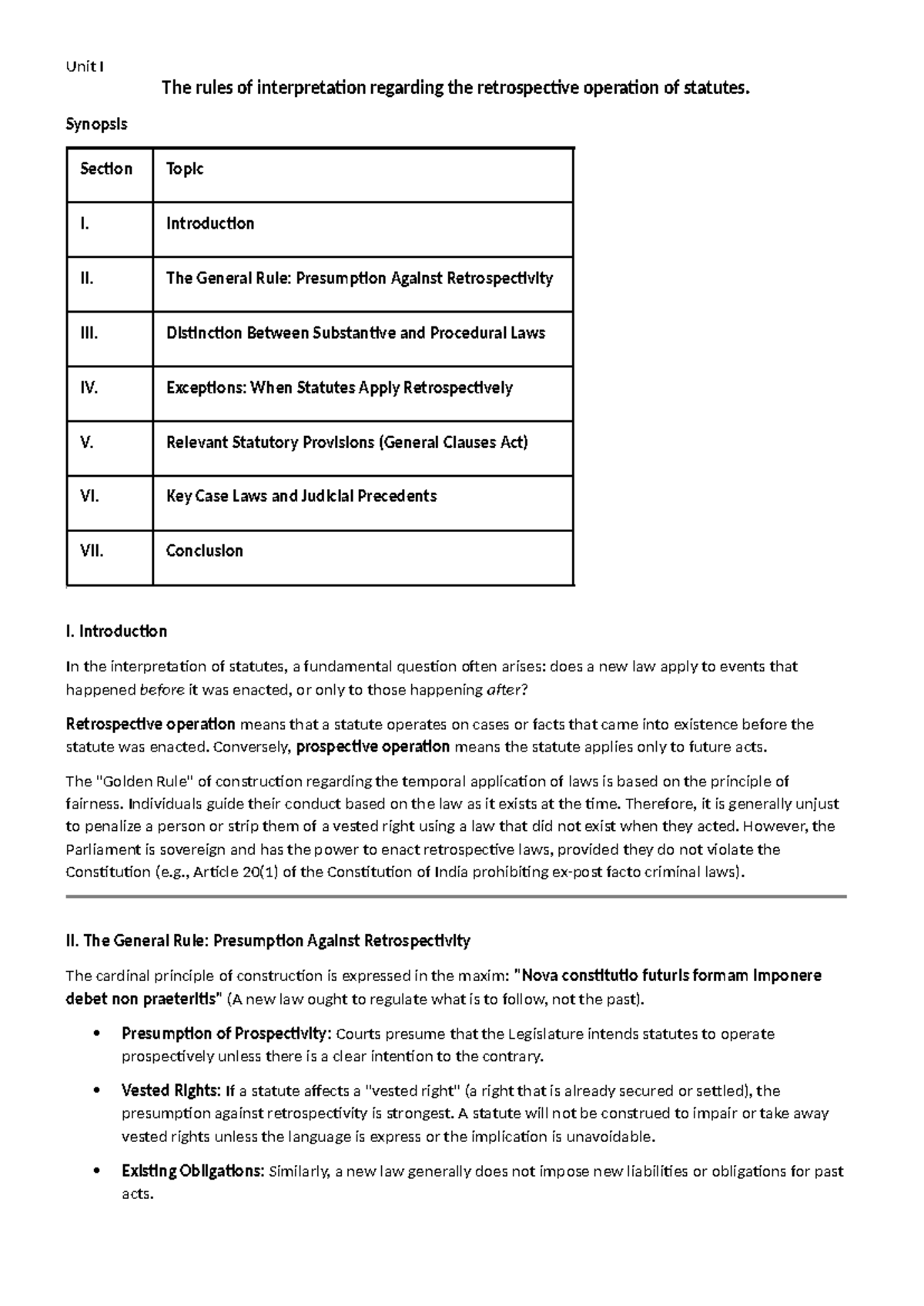 Unit I: Retrospective Operation of Statutes - Rules & Exceptions - Studocu