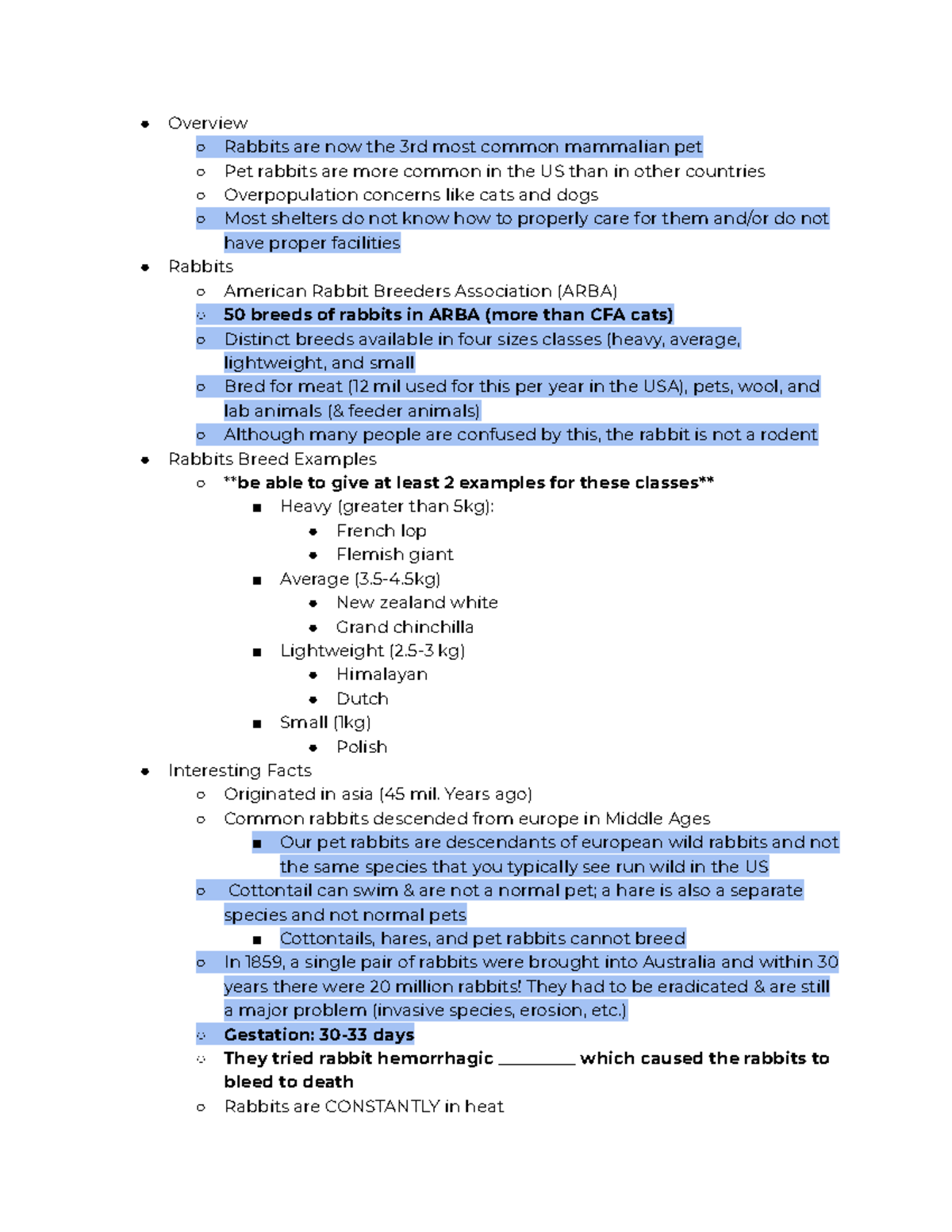 ANS105 Lecture Notes: Care & Characteristics of Rabbits - Studocu