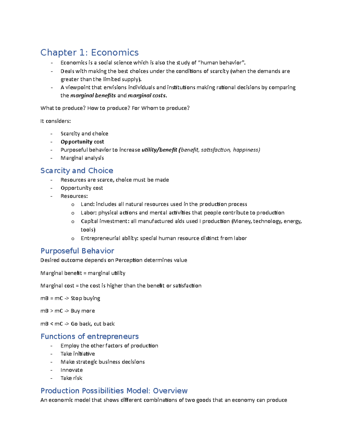 ECON Unit 1: Intro to Economics and Key Concepts (Ch. 1-4) - Studocu