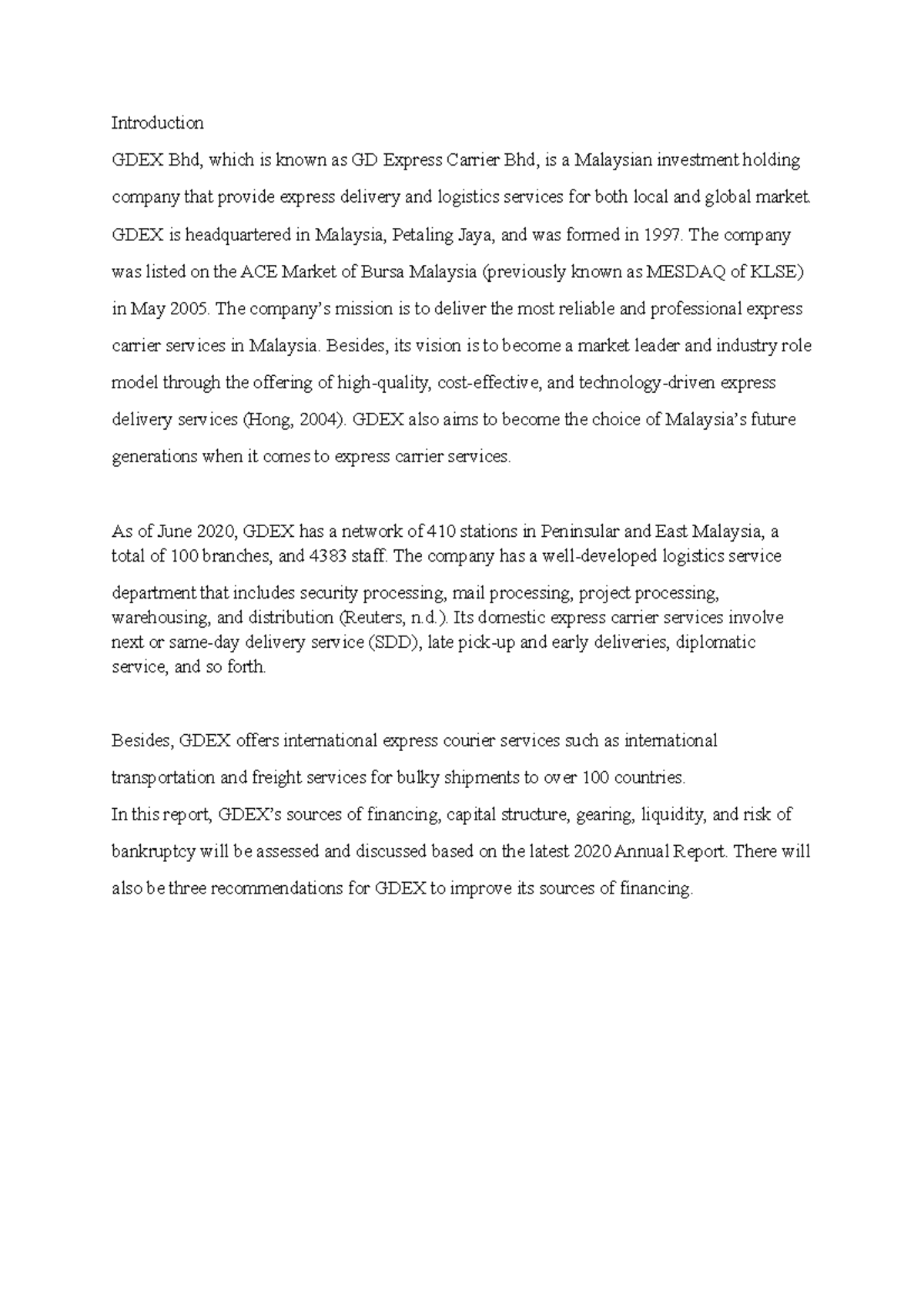 GDEX Bhd: Assignment on Financing & Capital Structure Analysis - Studocu