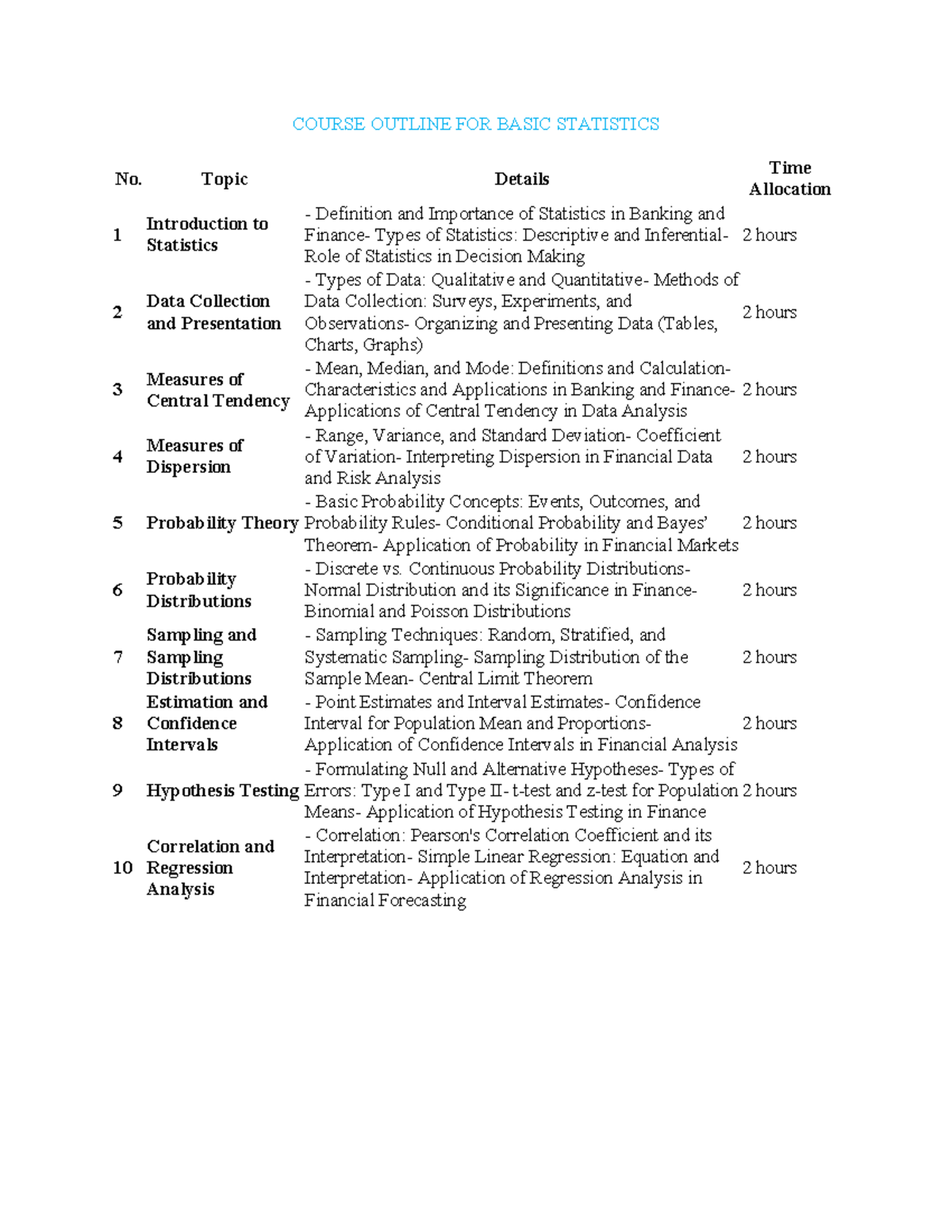 Basic Statistics Course Outline: Key Topics in Banking & Finance - Studocu