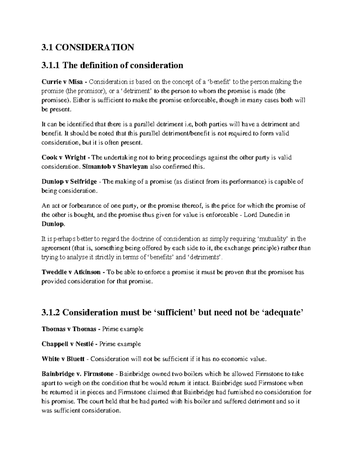 Key Cases for Consideration in Contract Law (LAW 101) - Studocu