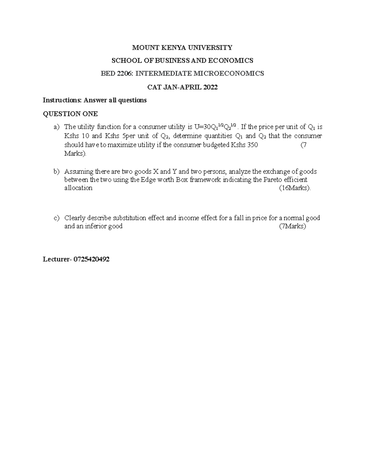 BED2206 CAT - Intermediate Microeconomics Utility and Demand Analysis ...