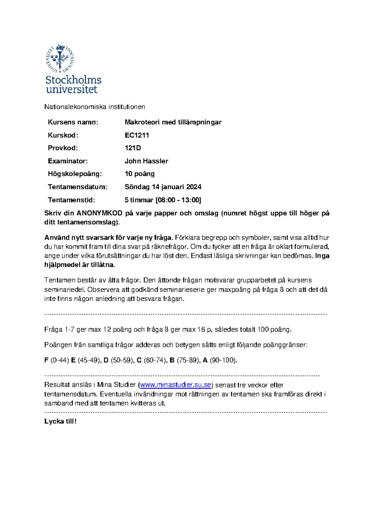 EC1211 Tentamen i Makroteori - 14 januari 2024 - Document Preview