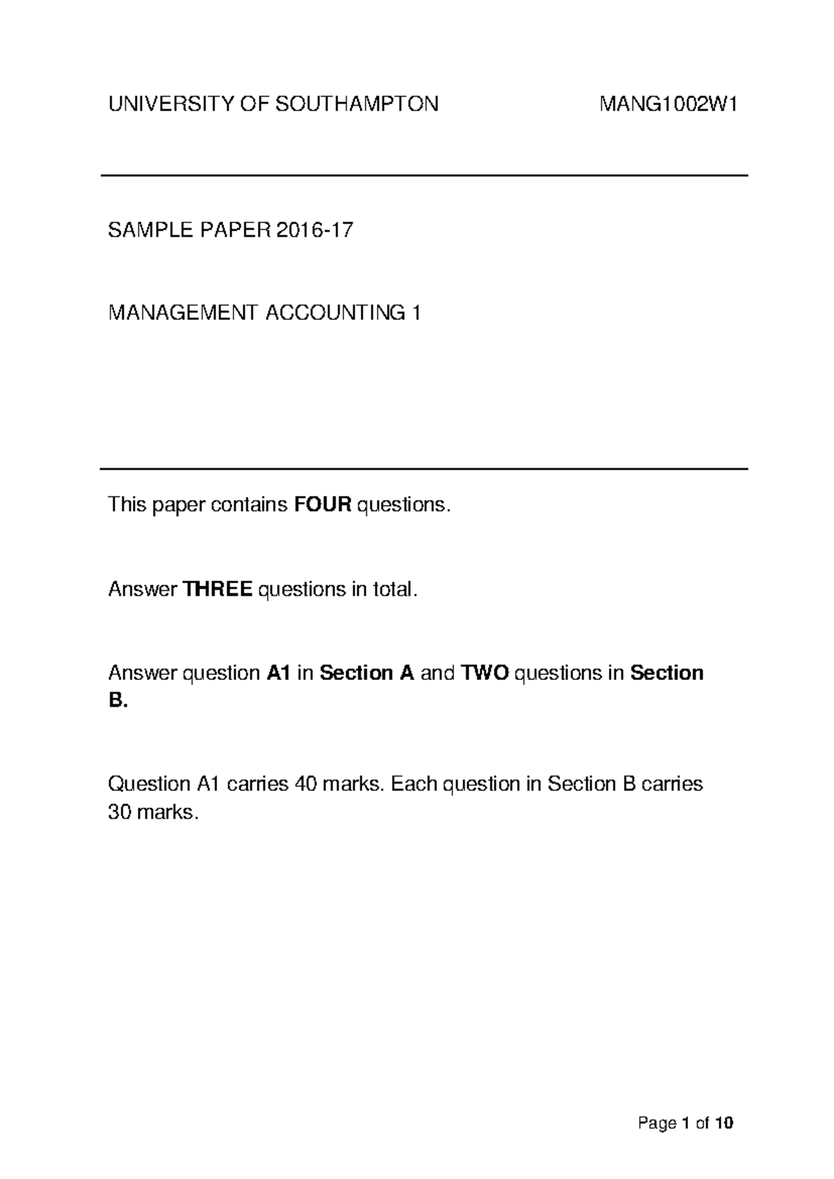 Sample Paper 2016-17 questions - UNIVERSITY OF SOUTHAMPTON MANG1002W ...