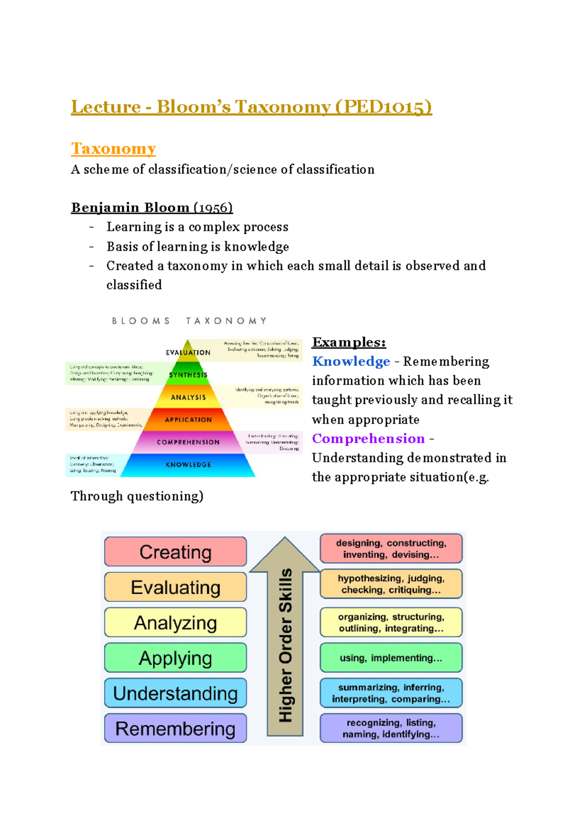 What is a learning objective (Bloom's Taxonomy) - Lecture 2 (year 1 ...
