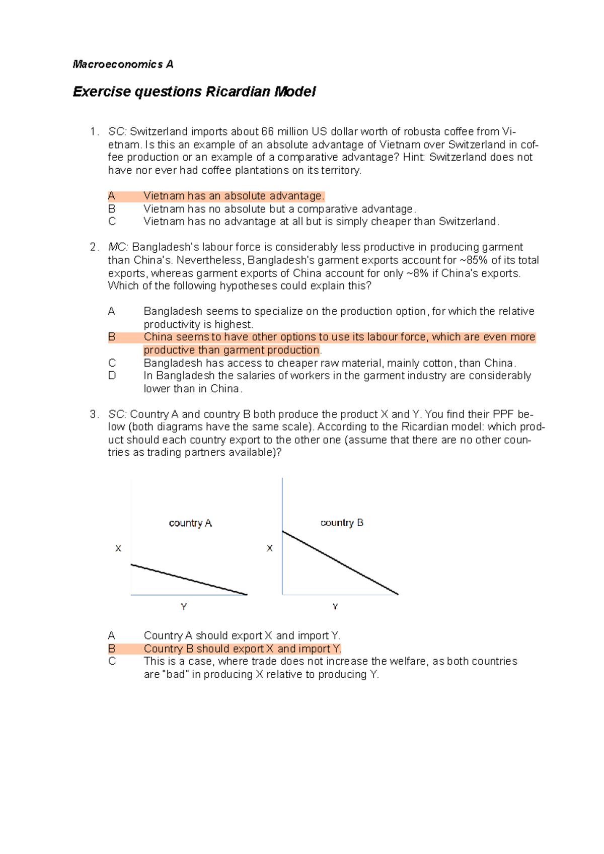 Macroeconomics A: Exercises on Ricardian Model Analysis - Studocu