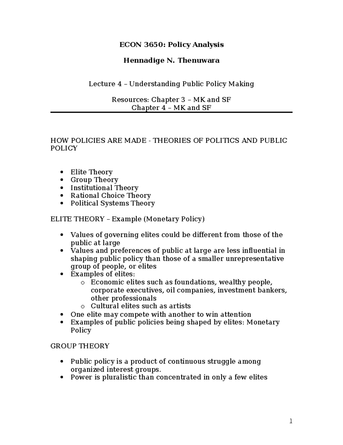 ECON 3650: Policy Analysis Lecture 4 - Theories of Public Policy Making ...