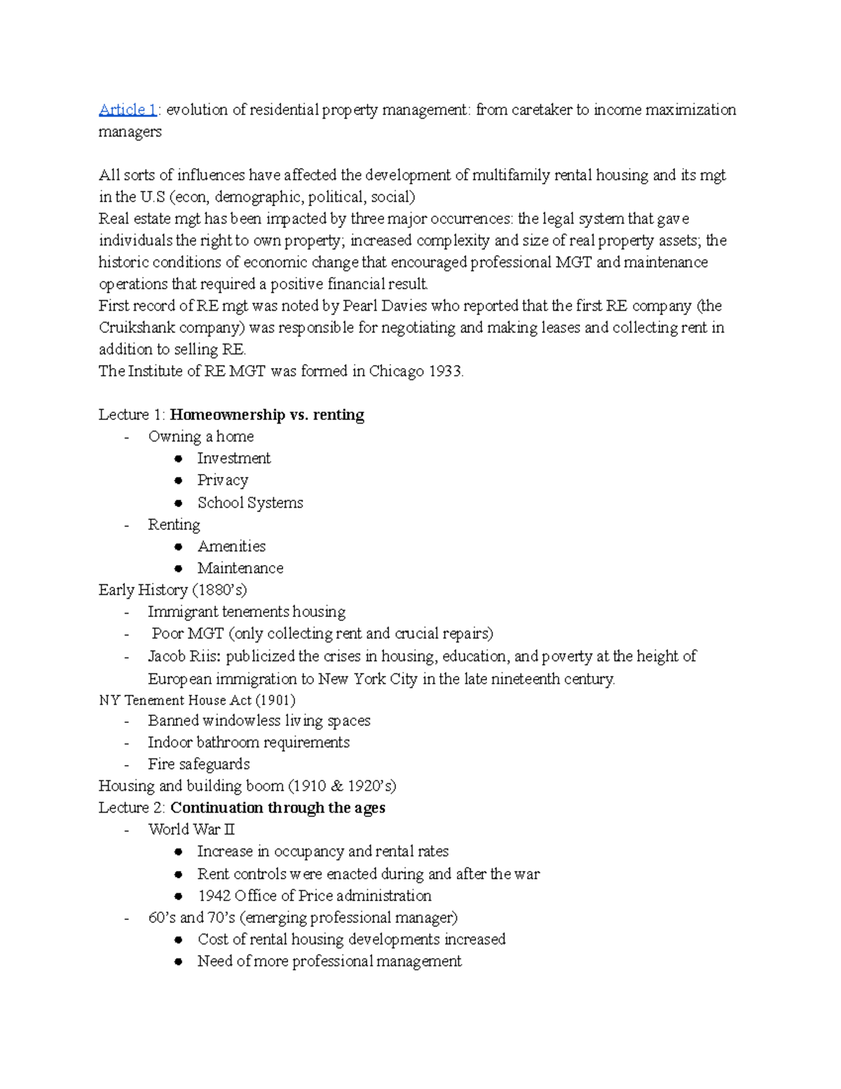 PM 2664 Lecture Notes: Evolution of Residential Property Management ...
