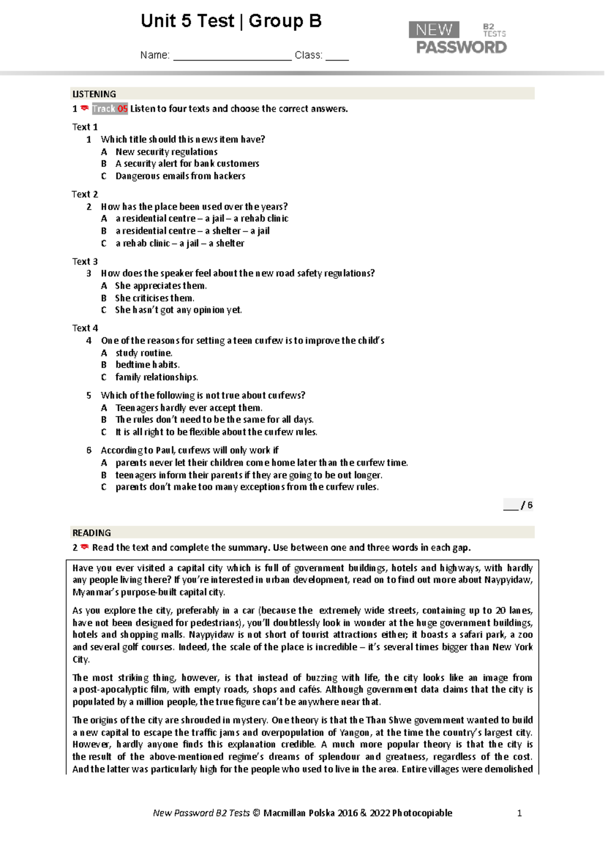 New Password B2 Unit 5B Listening & Reading Test - Studocu