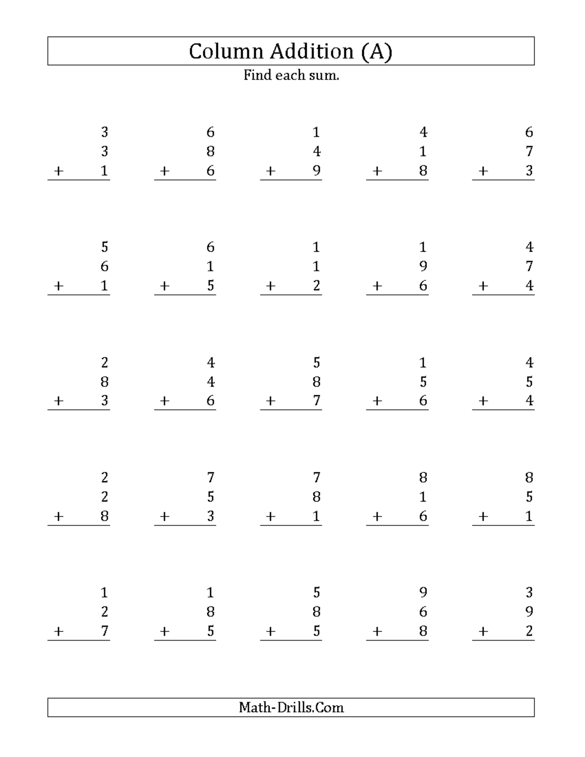 Column Addition Practice (Math-Drills.Com) - Studocu