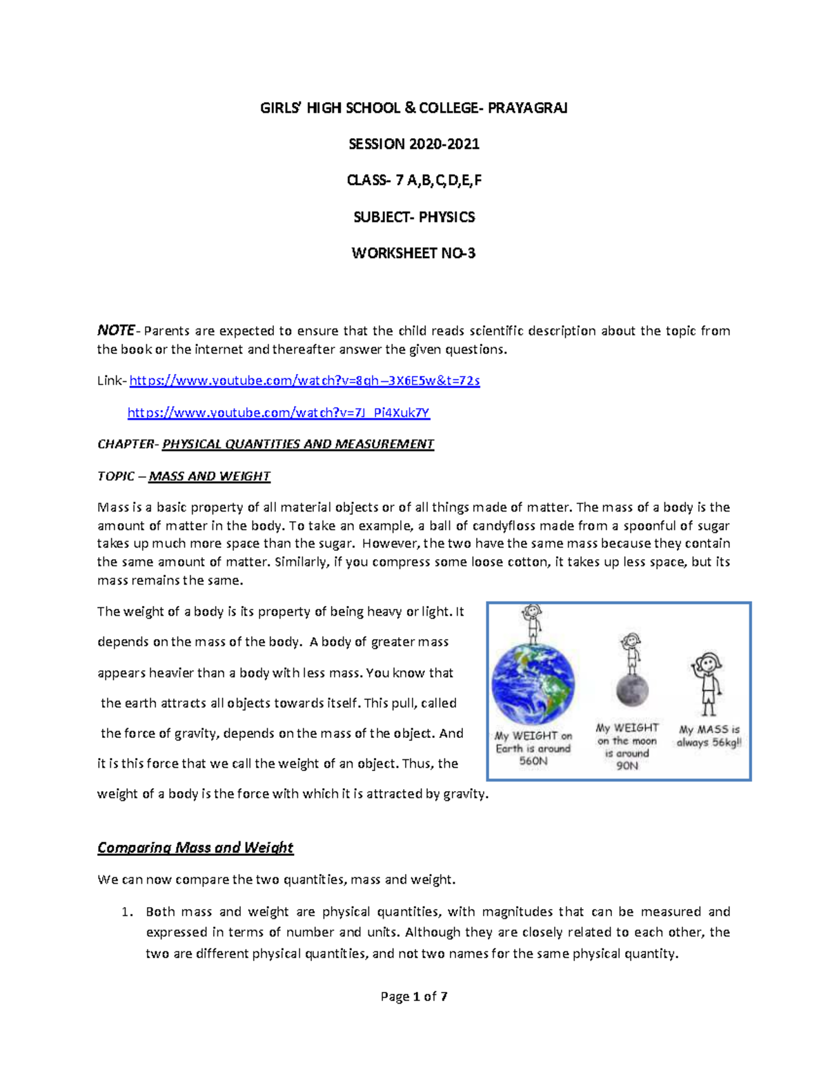 Class 7 Physics Worksheet: Mass, Weight, and Motion Concepts - Studocu