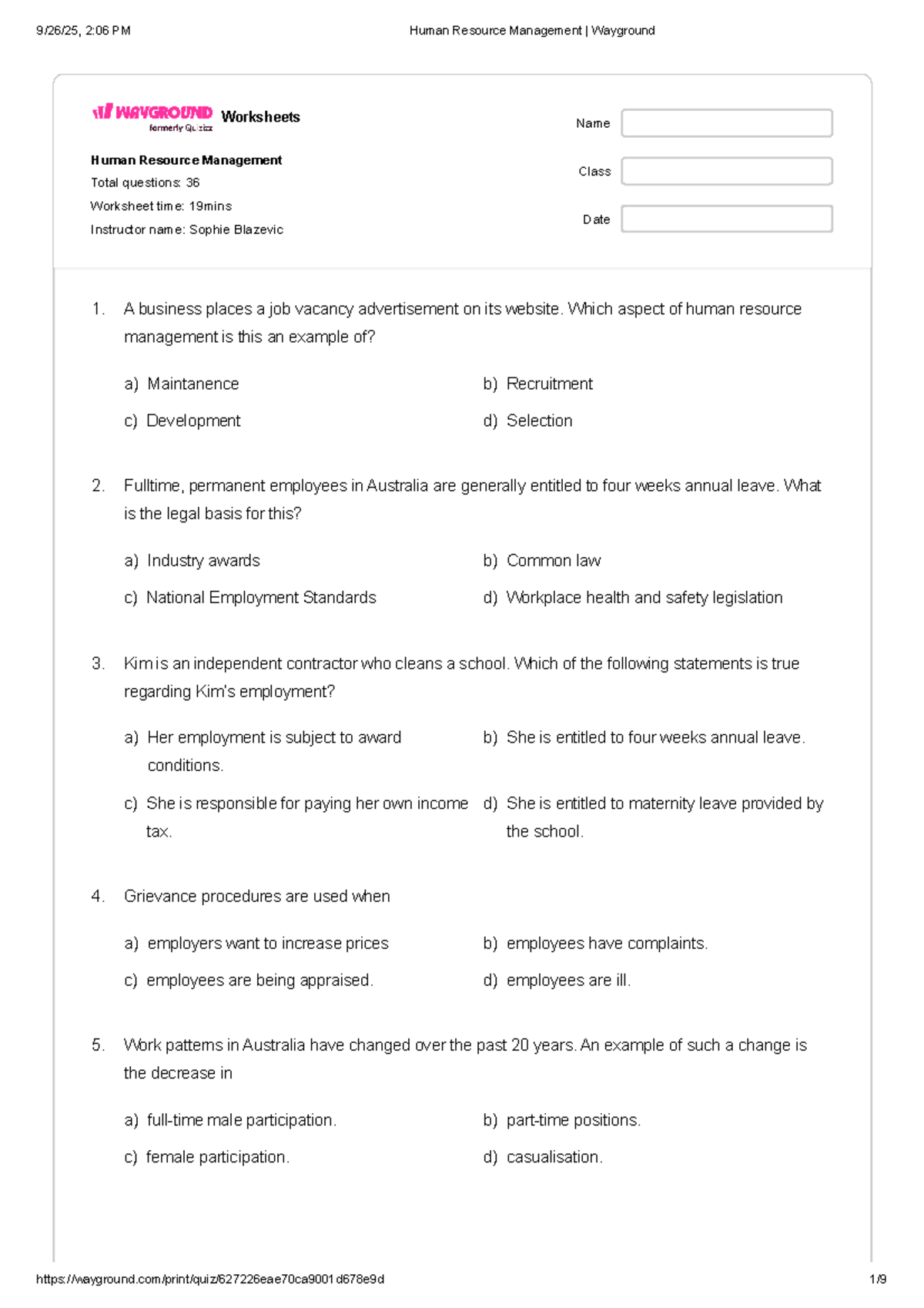Human Resource Management (HRM) Worksheet - Total Questions: 36 - Studocu