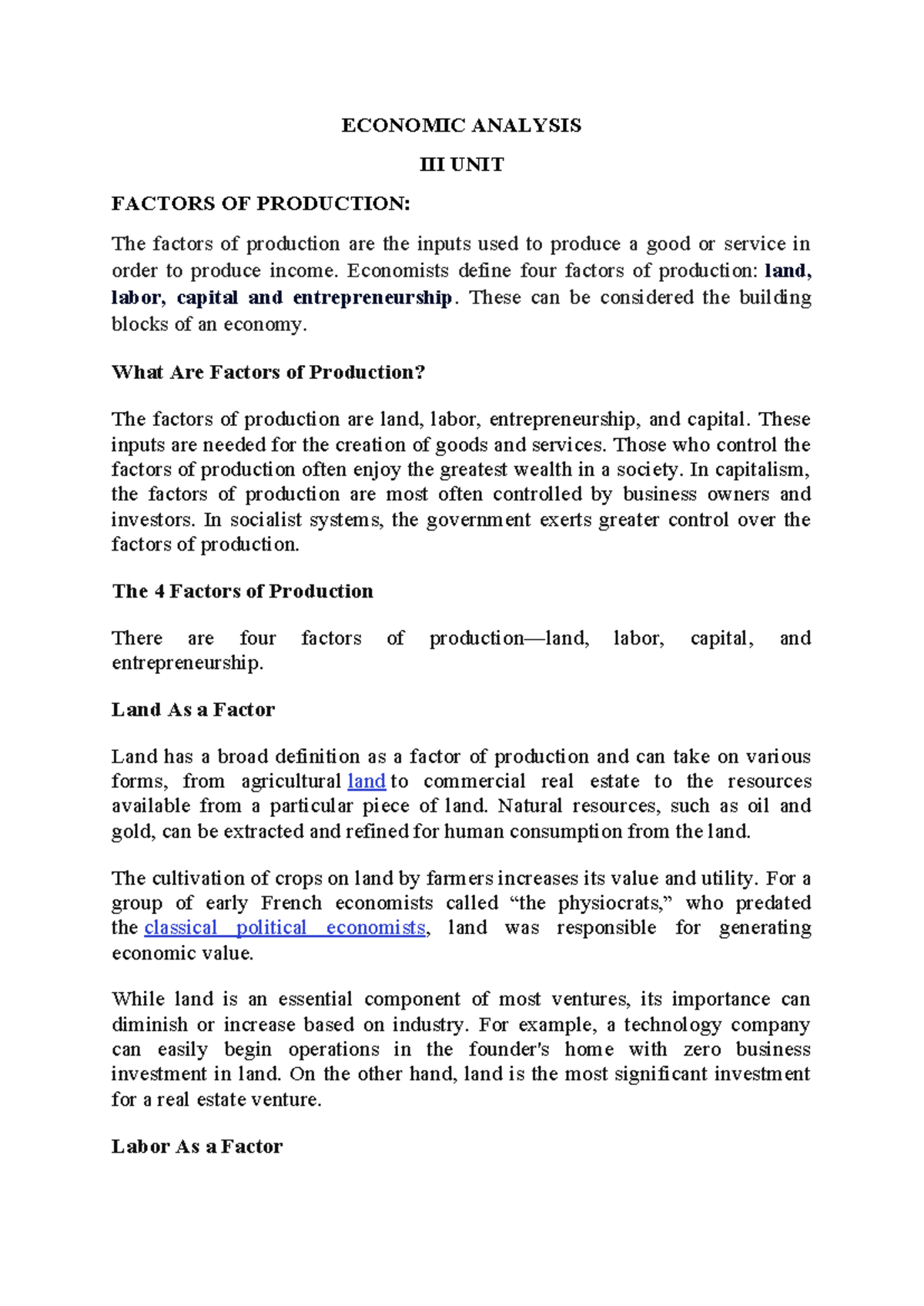 ECON 101: Economic Analysis III - Factors of Production & Returns - Studocu