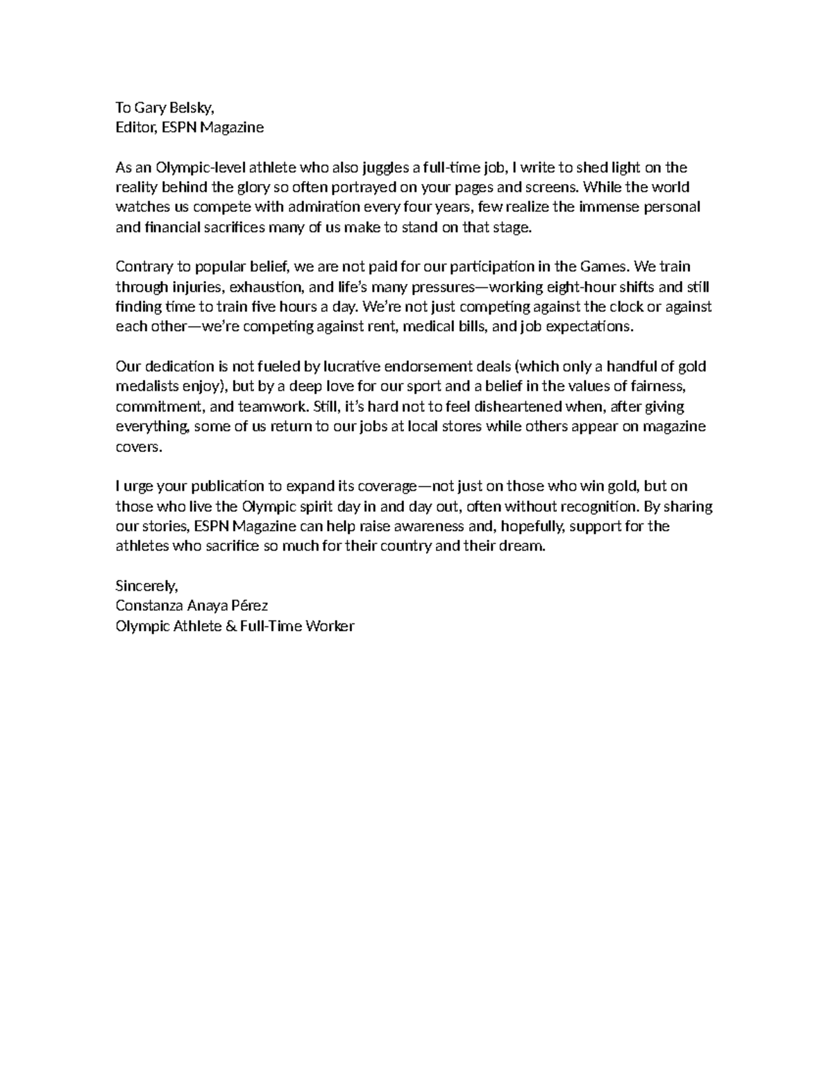 ESPN Magazine Letter: The Untold Struggles of Olympic Athletes - Studocu