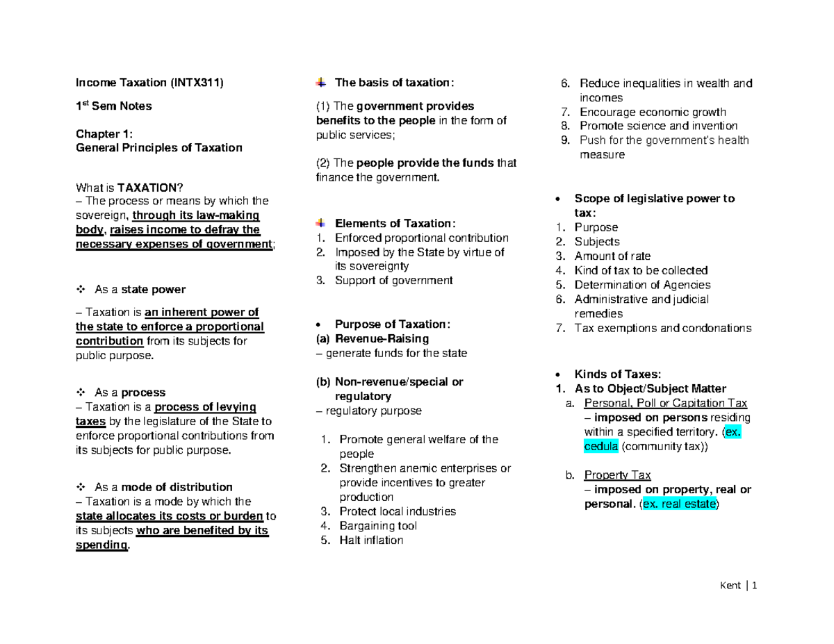 Income Taxation Notes (INTX311): Principles and Tax Systems in 1st Sem ...