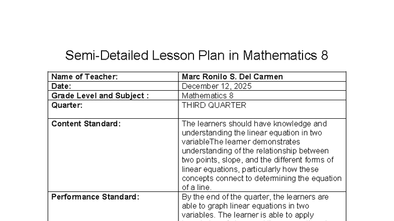 Mathematics 8 Lesson Plan: Finding Linear Equations (3rd Quarter) - Studocu