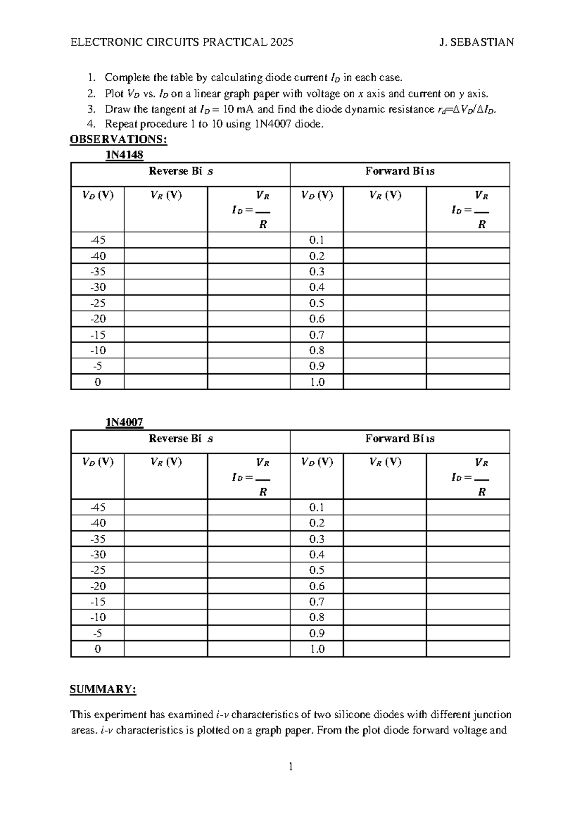 Electronic circuits practical 2025: Diode characteristics experiment ...