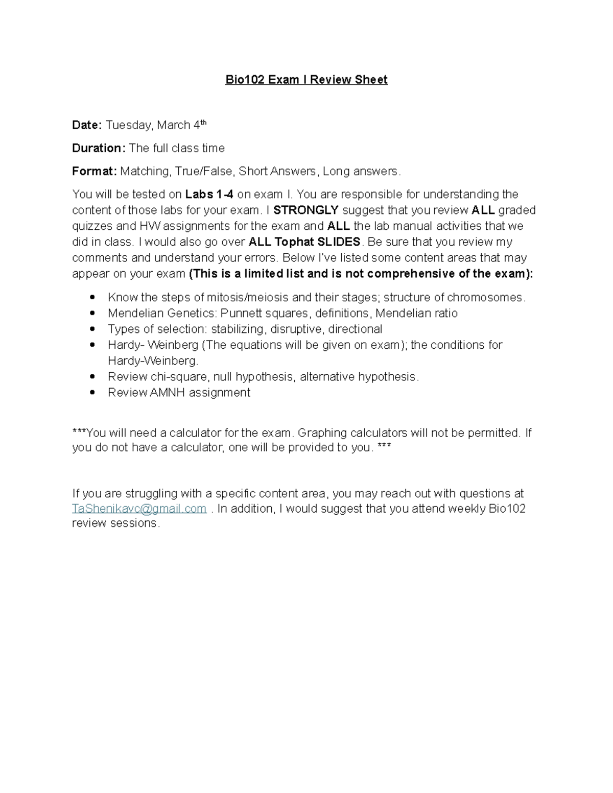 BIO102 Exam I Review Sheet - Spring 2025 Study Guide - Studocu