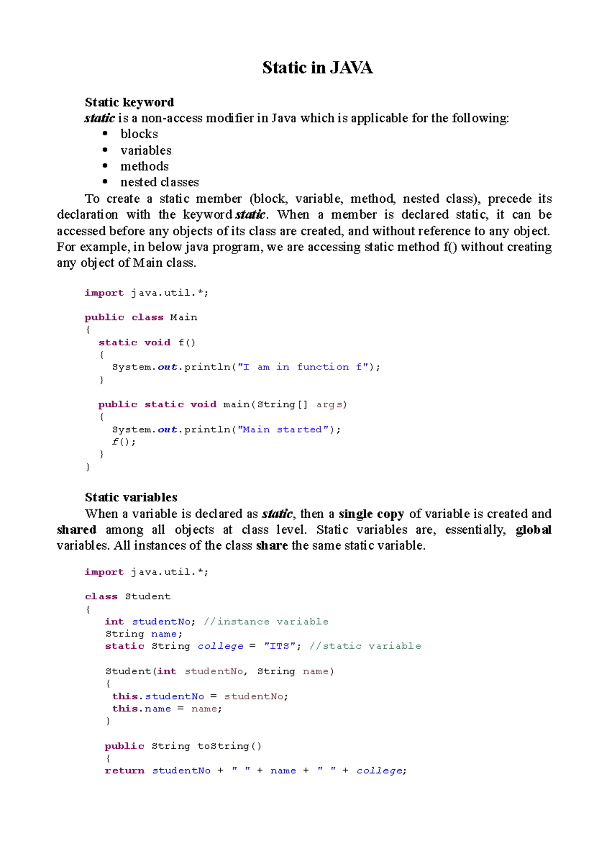 Static Keyword in JAVA: Understanding Variables & Methods - Studocu