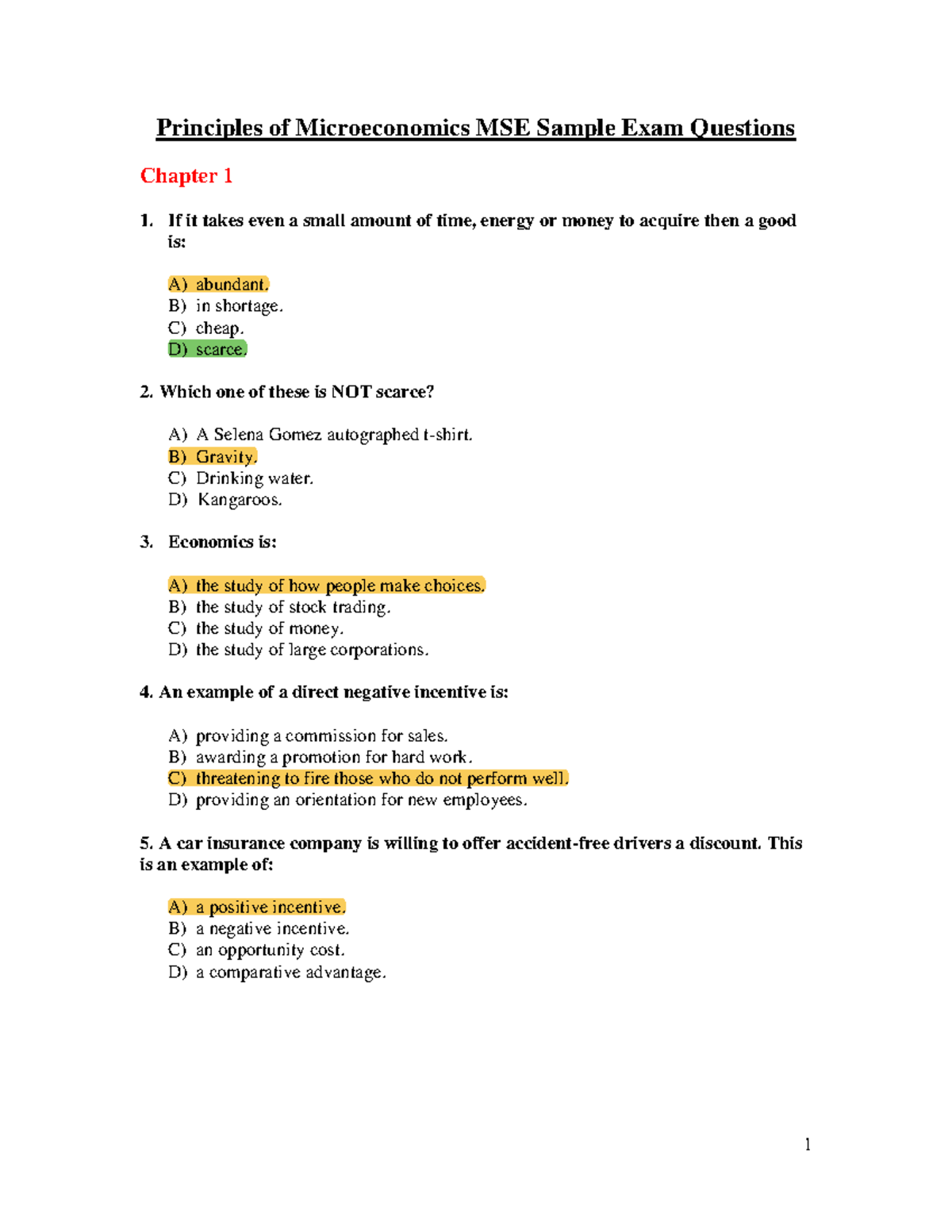 MSE Sample Exam Questions: Principles of Microeconomics Chapters 1-5 ...