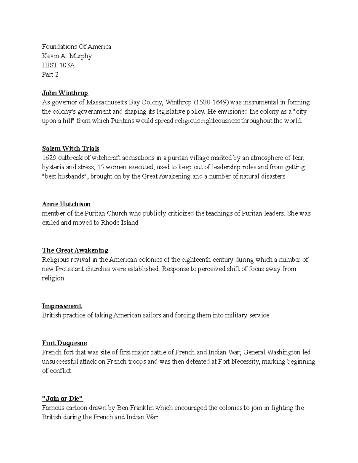 HIST 103A Midterm Study Notes: Key Events & Figures in Early America ...