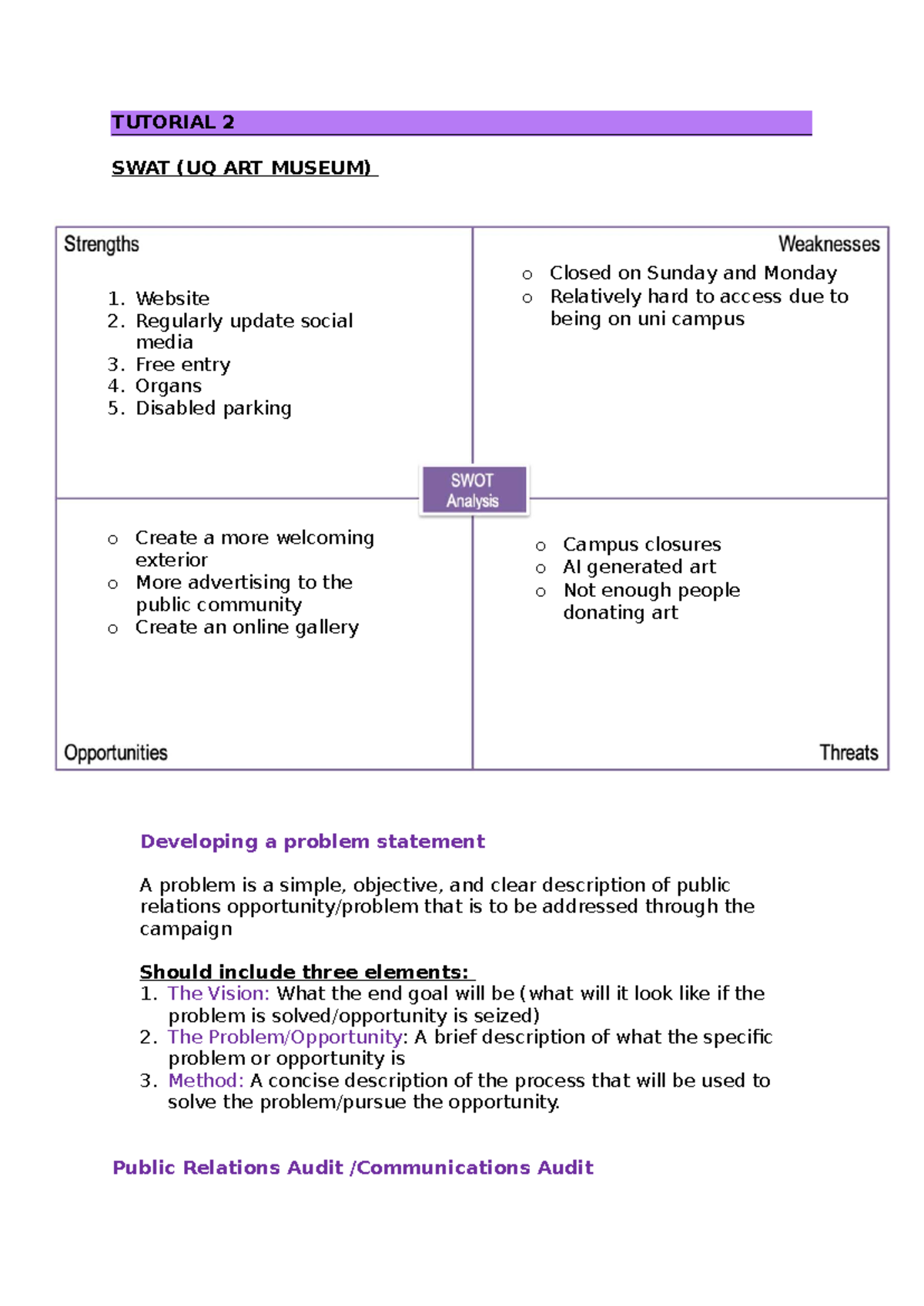 UQ ART MUSEUM PR Audit & Strategy Tutorial 2 Notes - Studocu