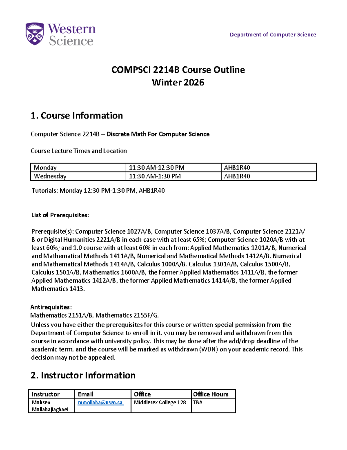CS2214B Discrete Math Course Outline - Winter 2026 - Studocu