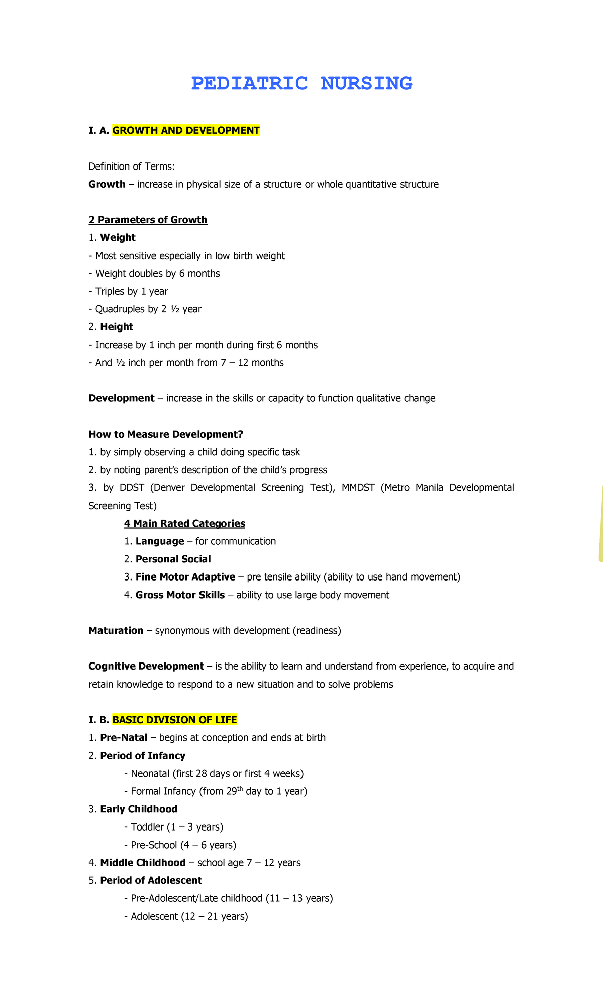 Pediatric Nursing I: Growth and Development Overview (050347) - Studocu