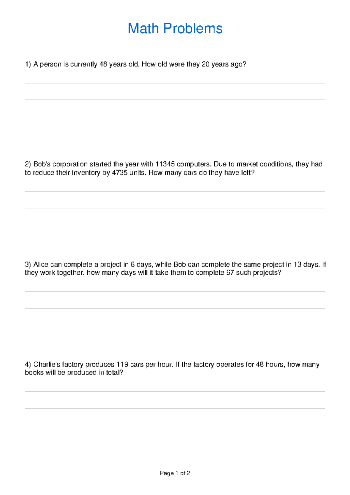 MATH WORD Problems (33): Solving Age, Inventory & Project Tasks - Studocu