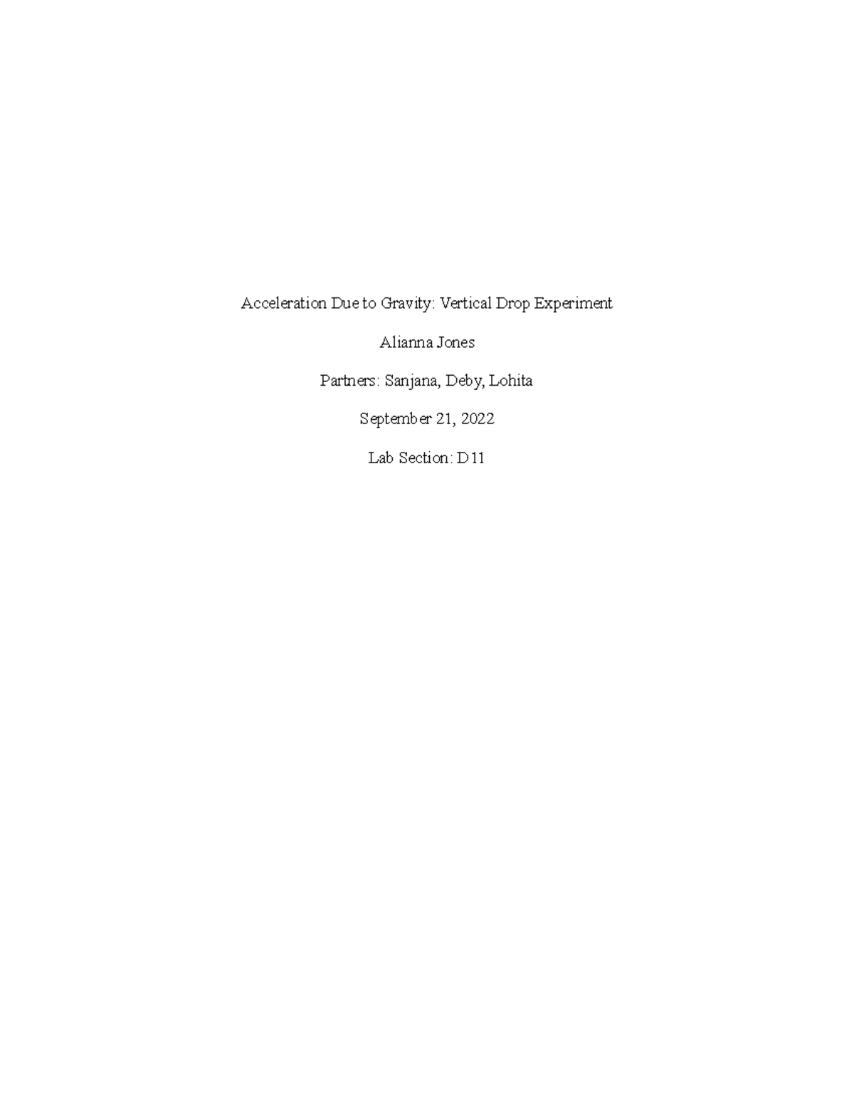 Lab Report: Acceleration Due to Gravity Experiment (Lab D) - Studocu