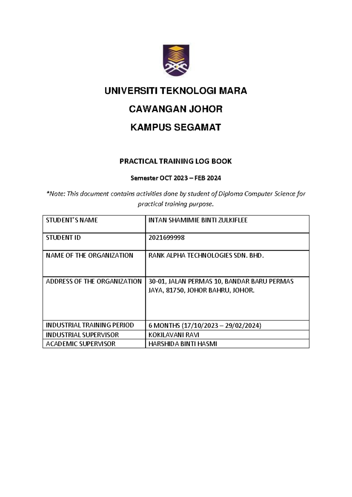 Logbook SEM OCT 2023 - FEB 2024 - UNIVERSITI TEKNOLOGI MARA CAWANGAN ...