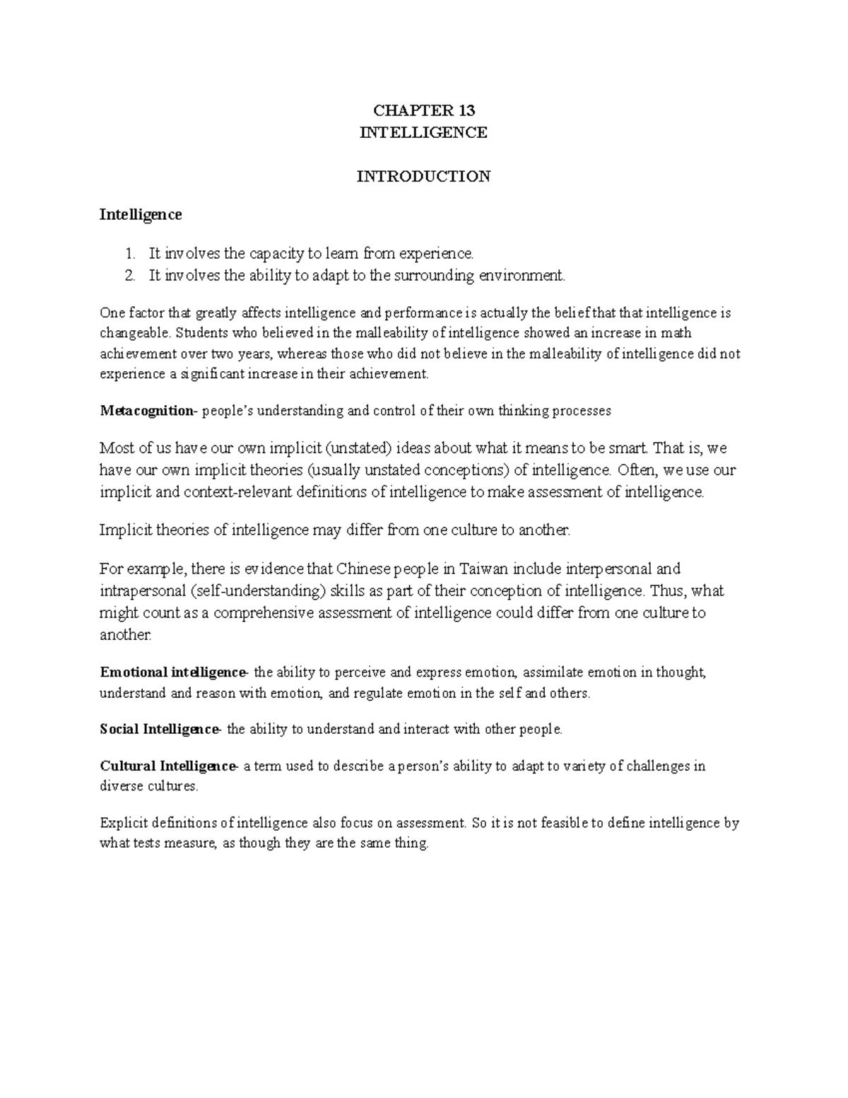 Summary and Outline of Chapter 13 - Intelligence Concepts - Studocu