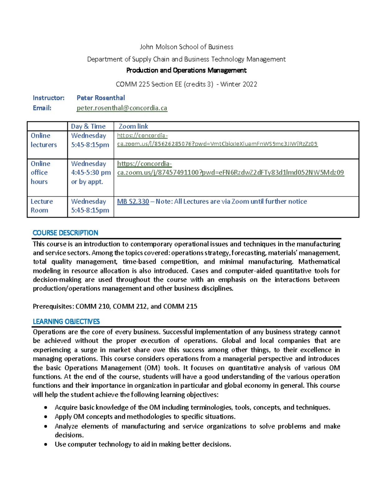COMM 225 EC - Summer 2025 Course Outline: Production & Operations ...