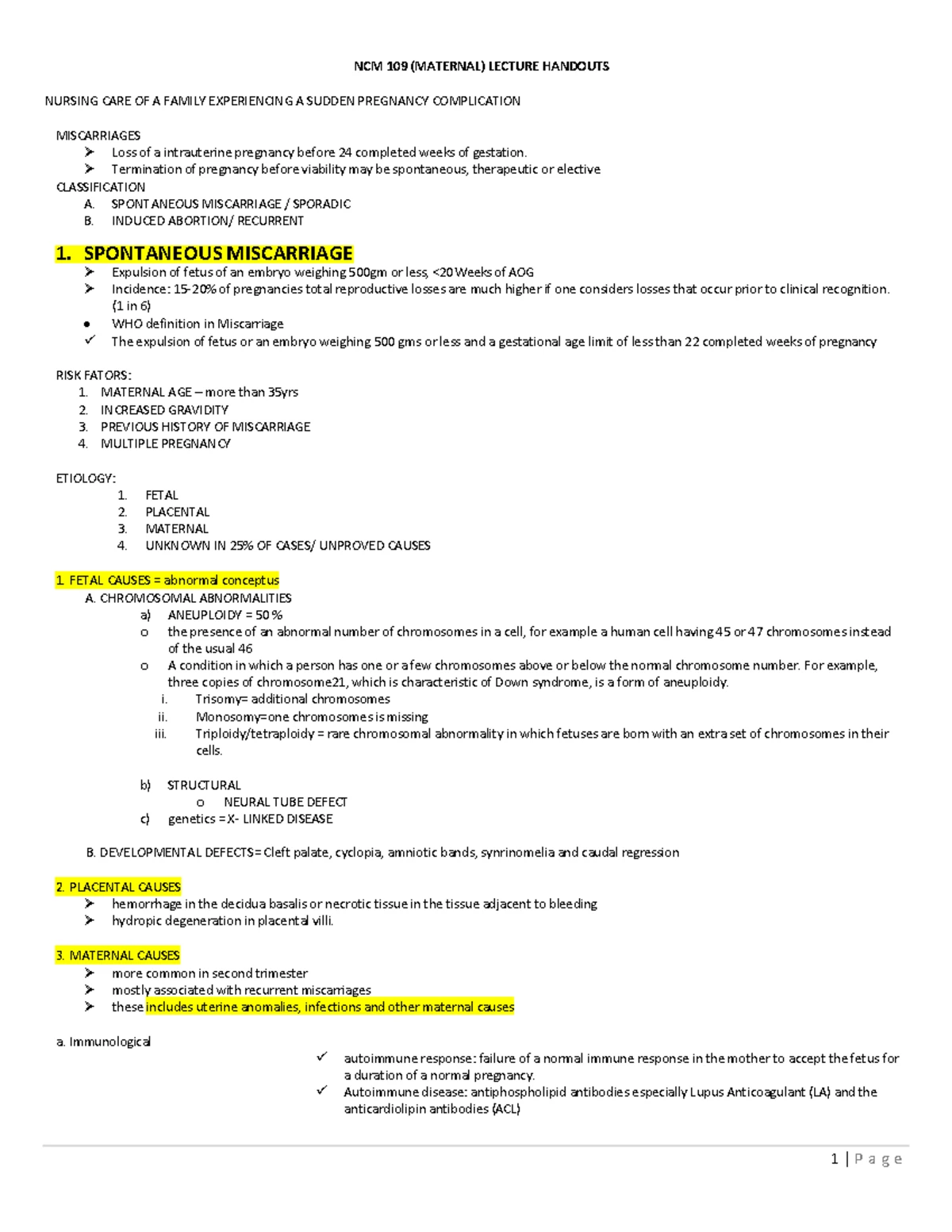 NCM 109 Lecture Notes on Maternal Miscarriage & Complications - Studocu