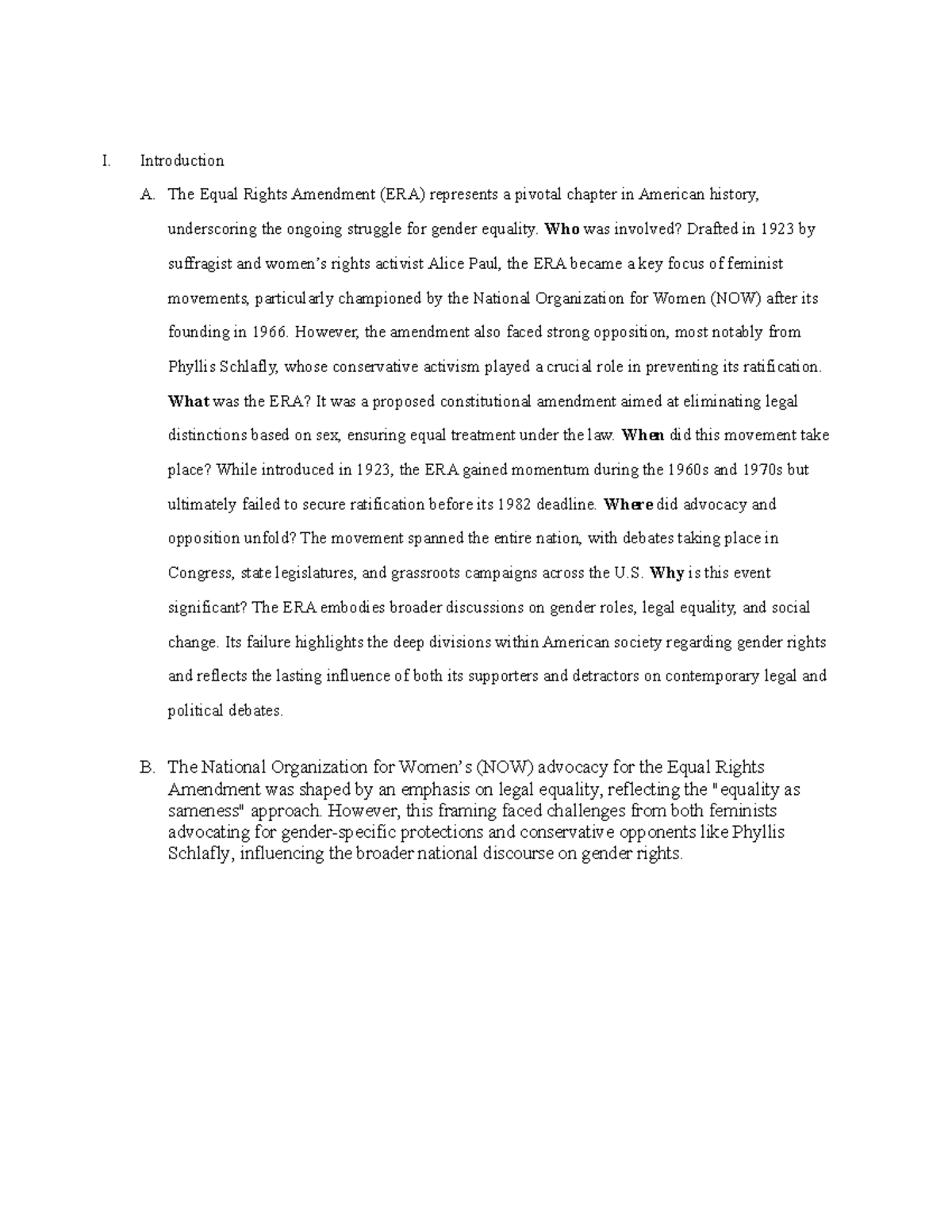 applied history essay - I. Introduction A. The Equal Rights Amendment ...