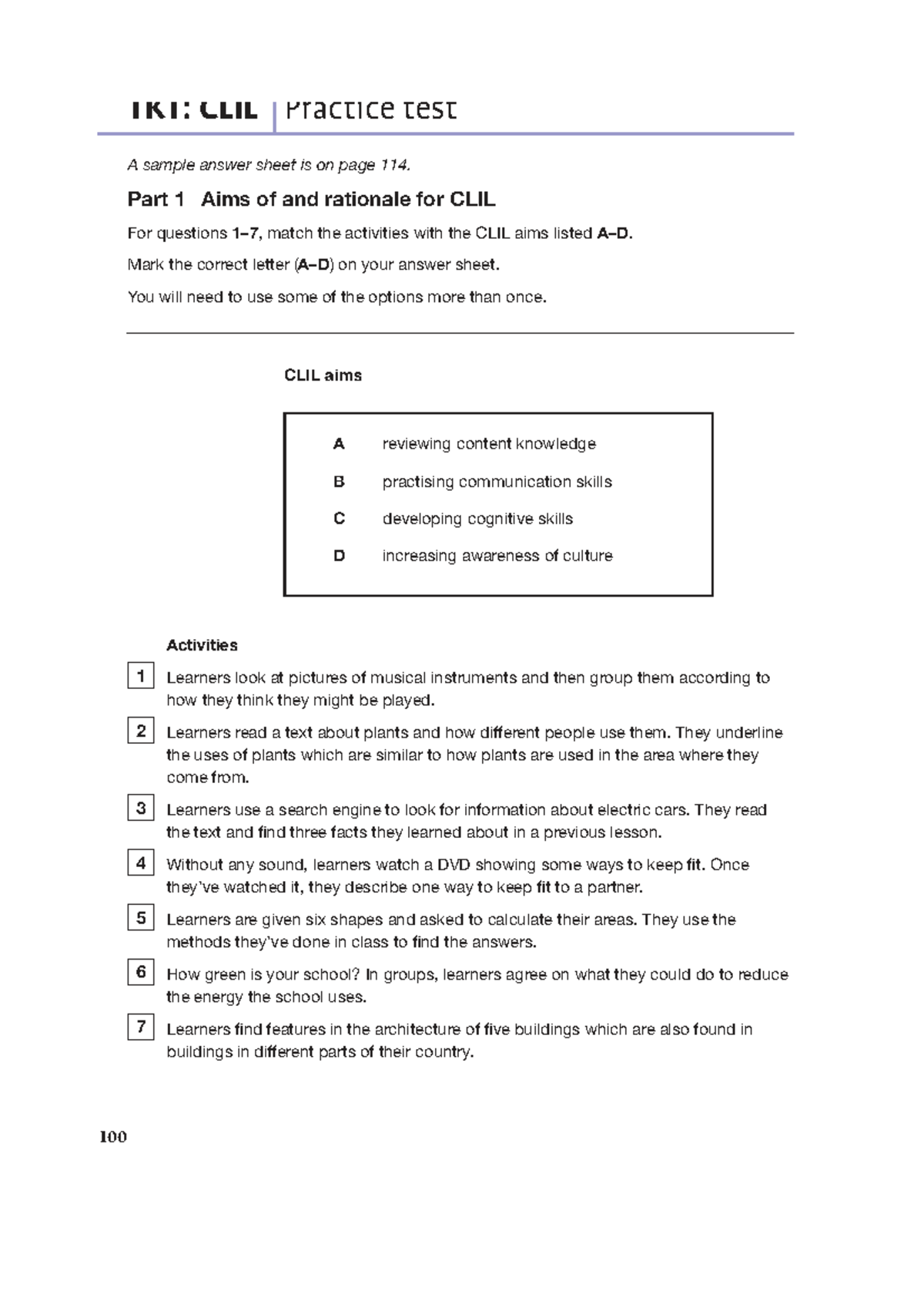 TKT: CLIL Practice Test - Sample Answers and Activities Guide - Studocu