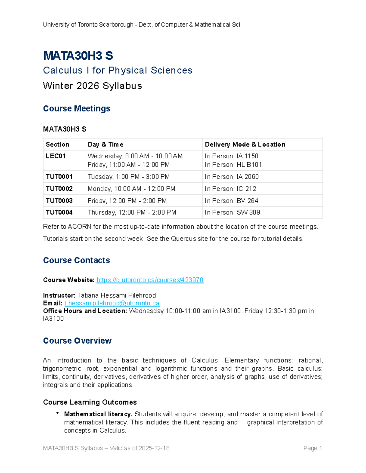 MATA30H3 S Winter 2026 Calculus I Syllabus and Course Details - Studocu