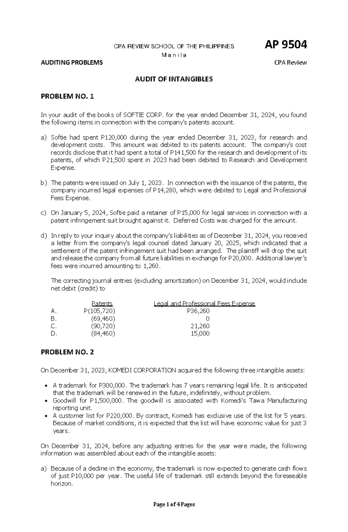 AP 9504 AUDITING INTANGIBLES: PROBLEMS & SOLUTIONS - Studocu