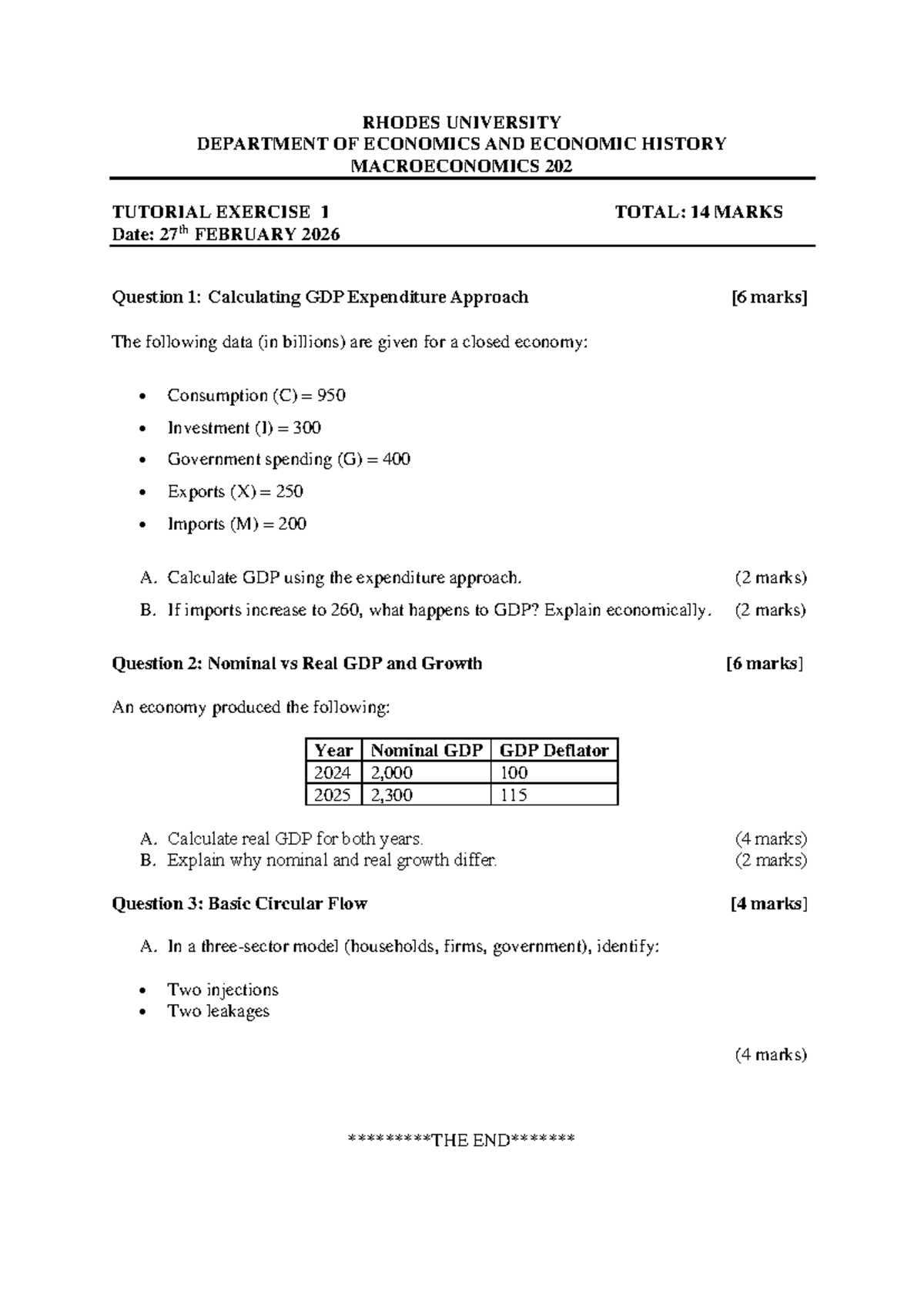 ECO202 Macroeconomics Tutorial Exercise 1 - GDP Calculations & Analysis ...