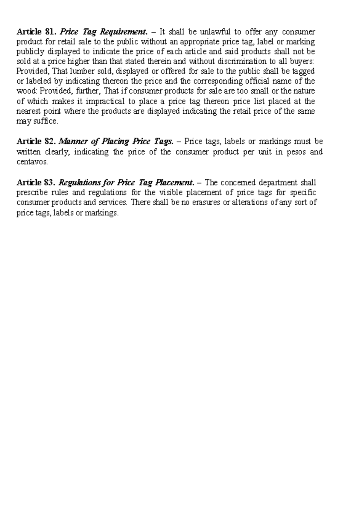 3.6.1 Price TAG - it is special law that focuses on consumer act ...