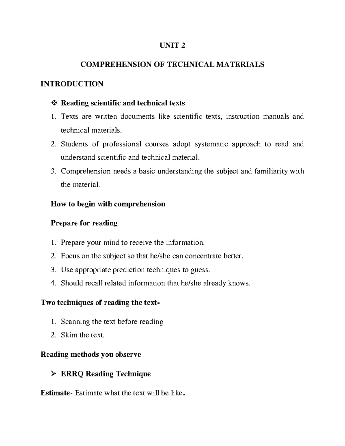 UNIT 2 TC Notes - Comprehension of Technical Materials Overview - Studocu