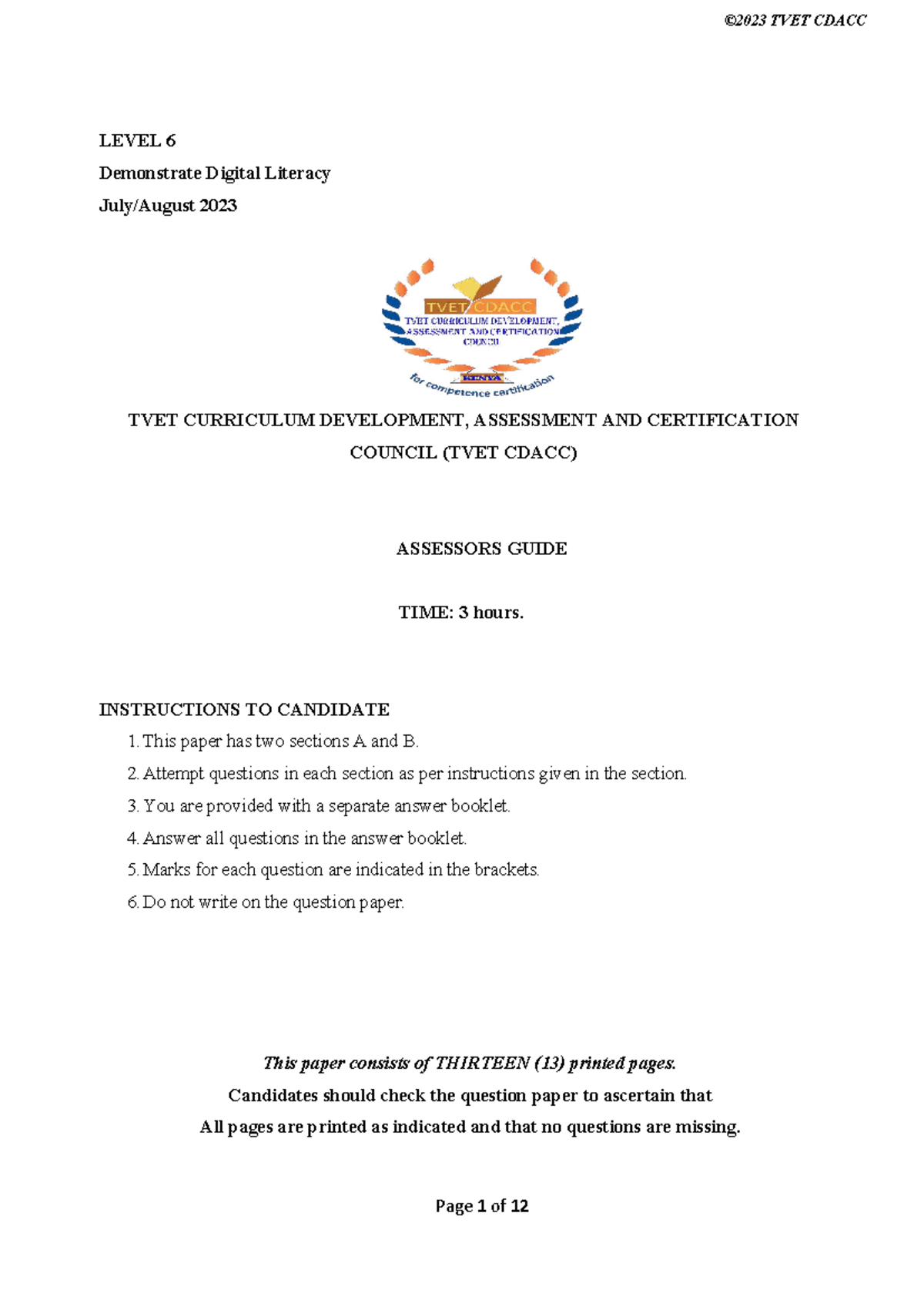 TVET CDACC LEVEL 6 Digital Literacy Assessors Guide 2023 - Studocu