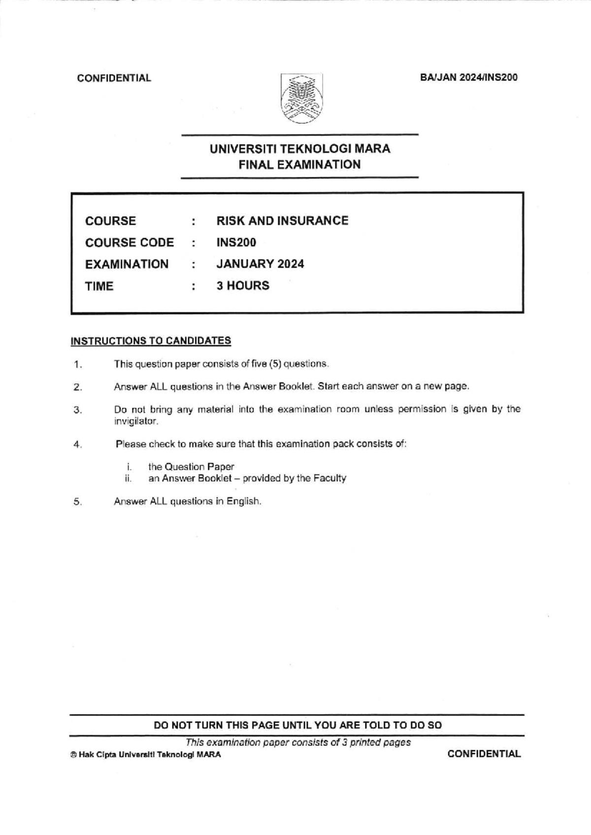 INS200 Final Exam: Risk and Insurance January 2024 Question Paper - Studocu
